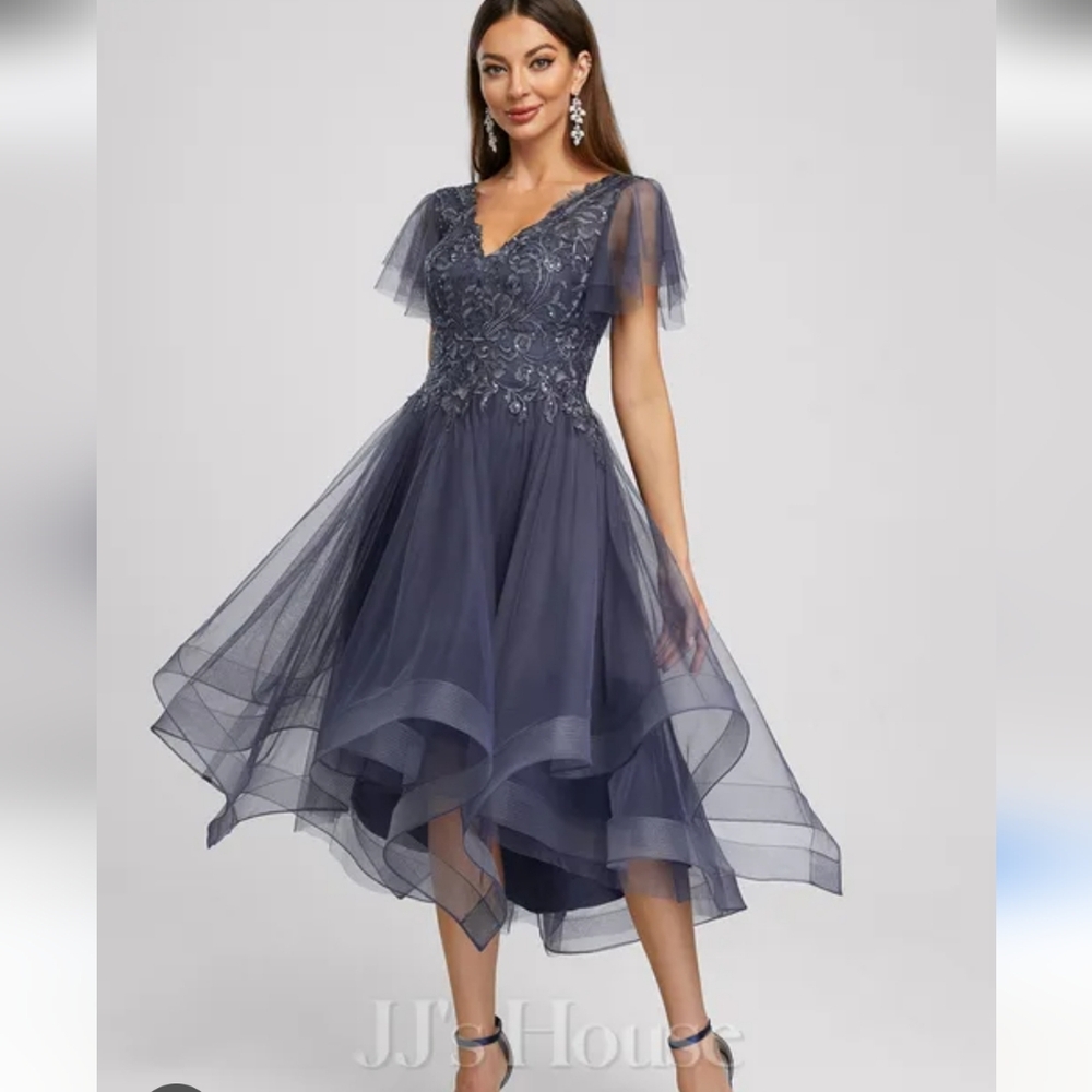 JJ’s House Navy Embroidered Tulle Dress – Size 12, Formal Evening Cocktail